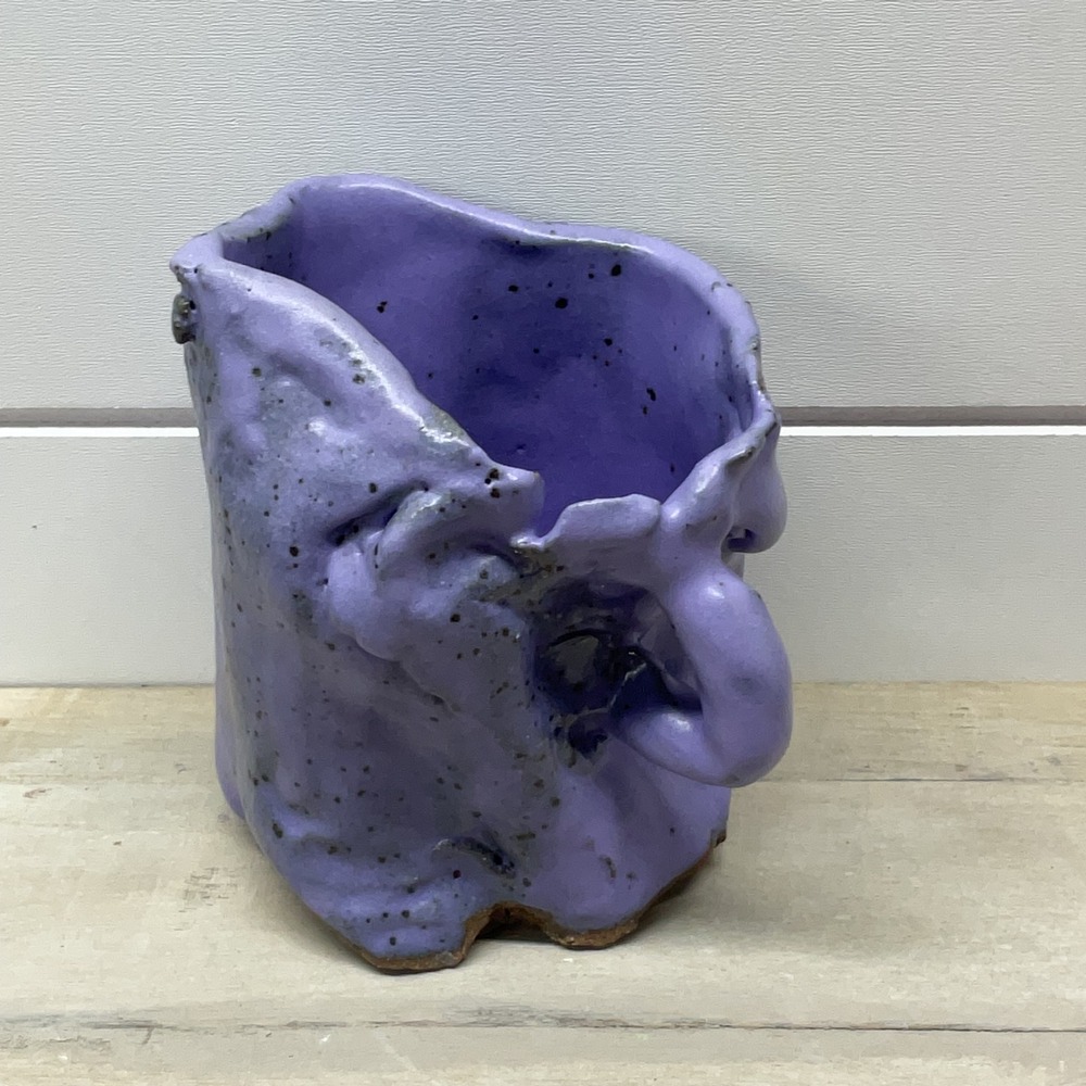 Rare Purple Studio Art Pottery Mug Handbuilt Speckled Glaze Organic Form 5"